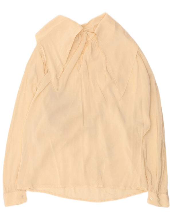 Vintage Womens Long Sleeve Blouse Top UK 14 Large Beige Geometric Silk
