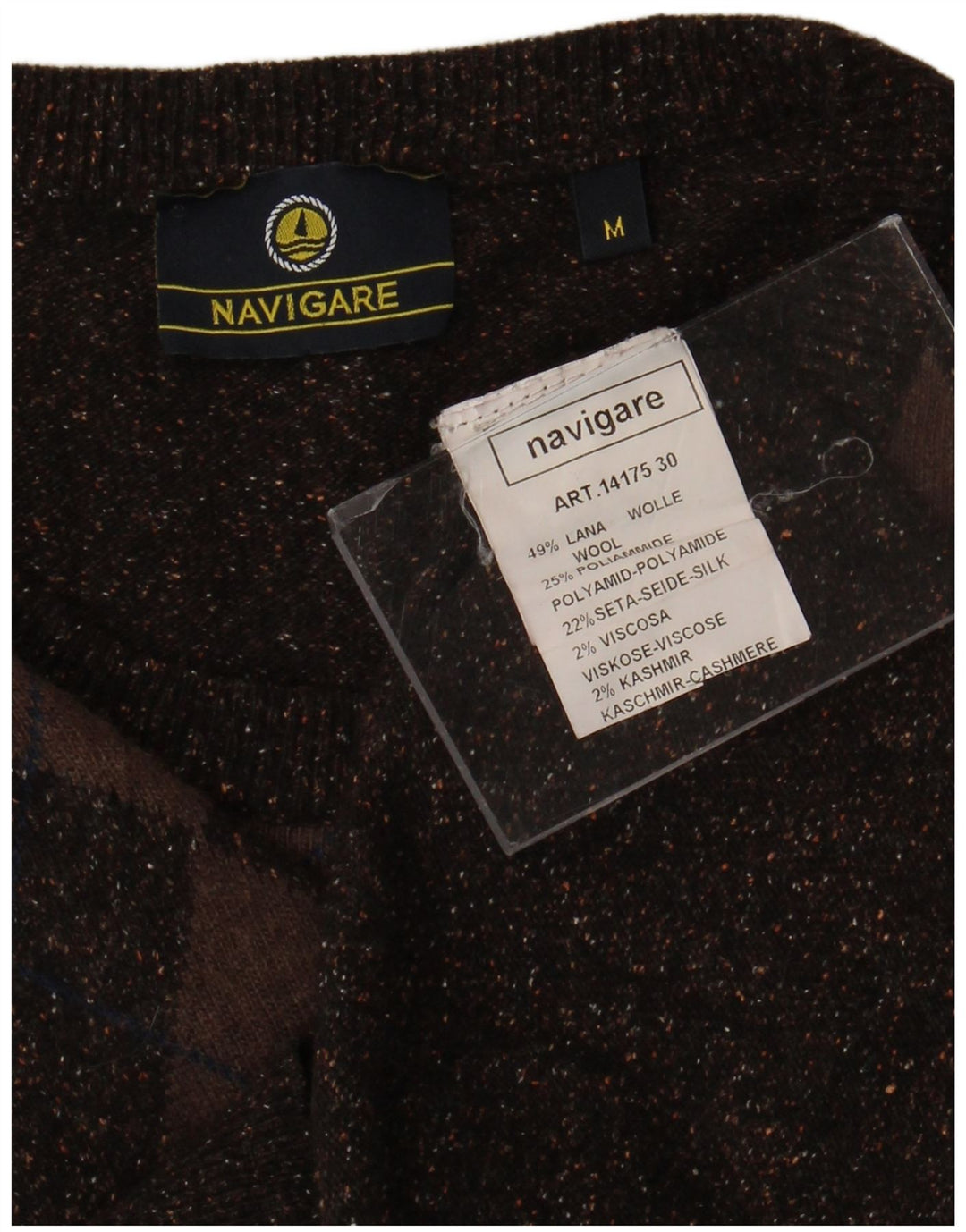 Navigare Mens Crew Neck Jumper Sweater Medium Brown Argyle/Diamond Wool