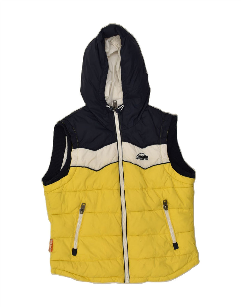 SUPERDRY Womens Hooded Padded Gilet UK 14 Medium Yellow Colourblock Nylon | Vintage Superdry | Thrift | Second-Hand Superdry | Used Clothing | Messina Hembry 