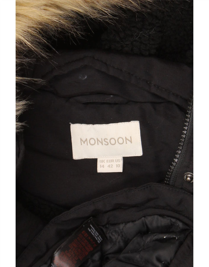 Monsoon Womens Hooded Parka Jacket UK 14 Large  Black Cotton