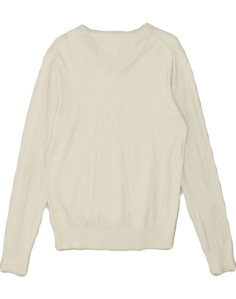 TOMMY HILFIGER Mens V-Neck Jumper Sweater Medium White Cotton | Vintage Tommy Hilfiger | Thrift | Second-Hand Tommy Hilfiger | Used Clothing | Messina Hembry 