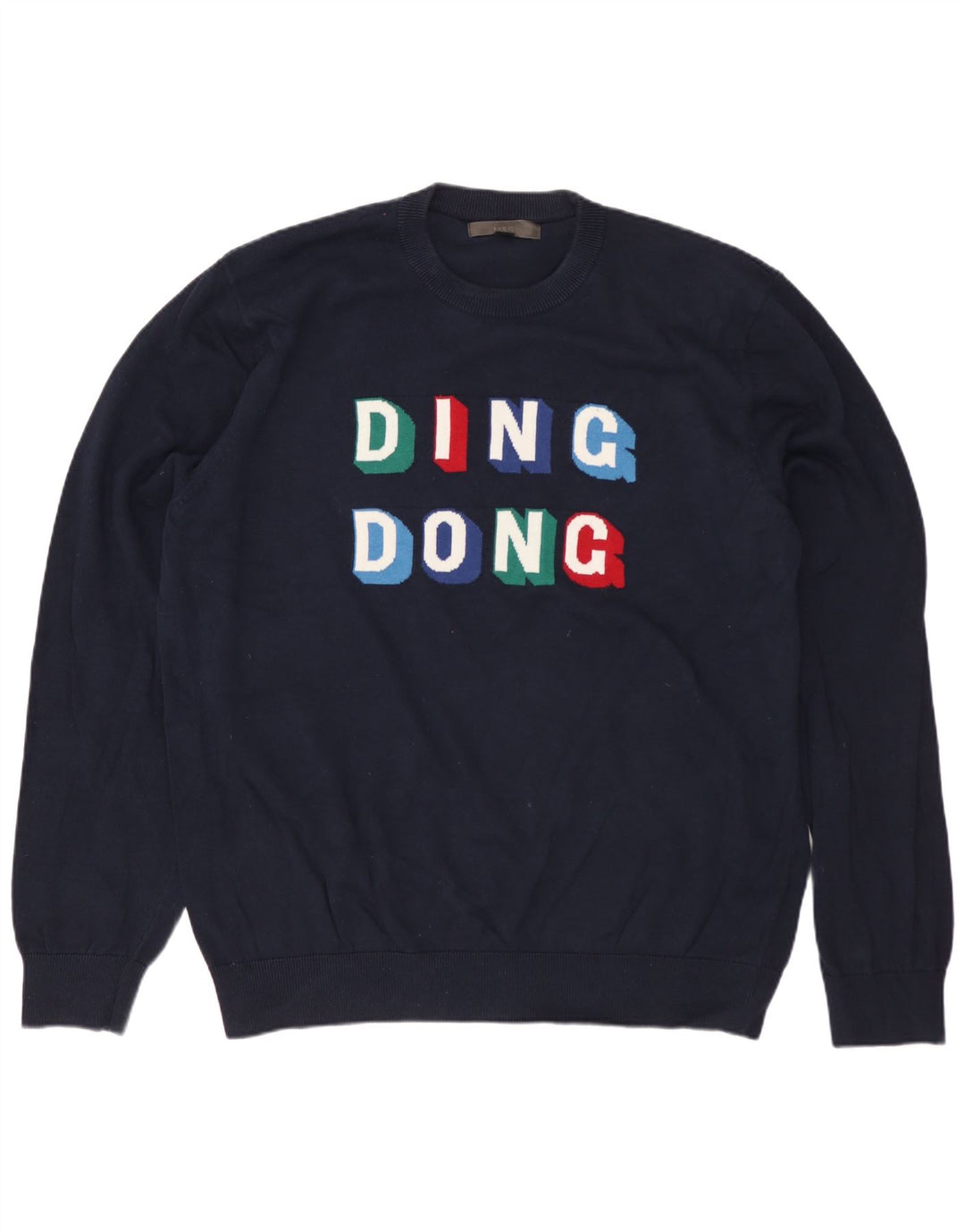 MARKS & SPENCER Mens Graphic Crew Neck Jumper Sweater Large Navy Blue