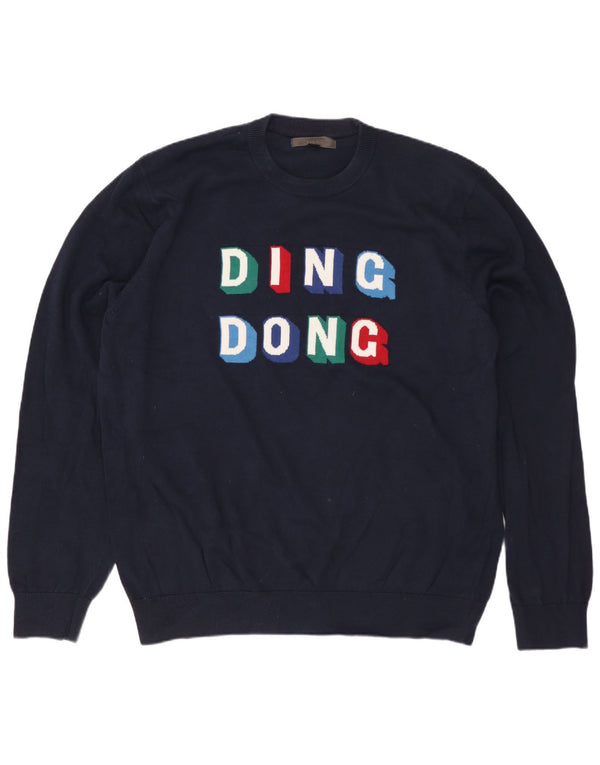 MARKS & SPENCER Mens Graphic Crew Neck Jumper Sweater Large Navy Blue