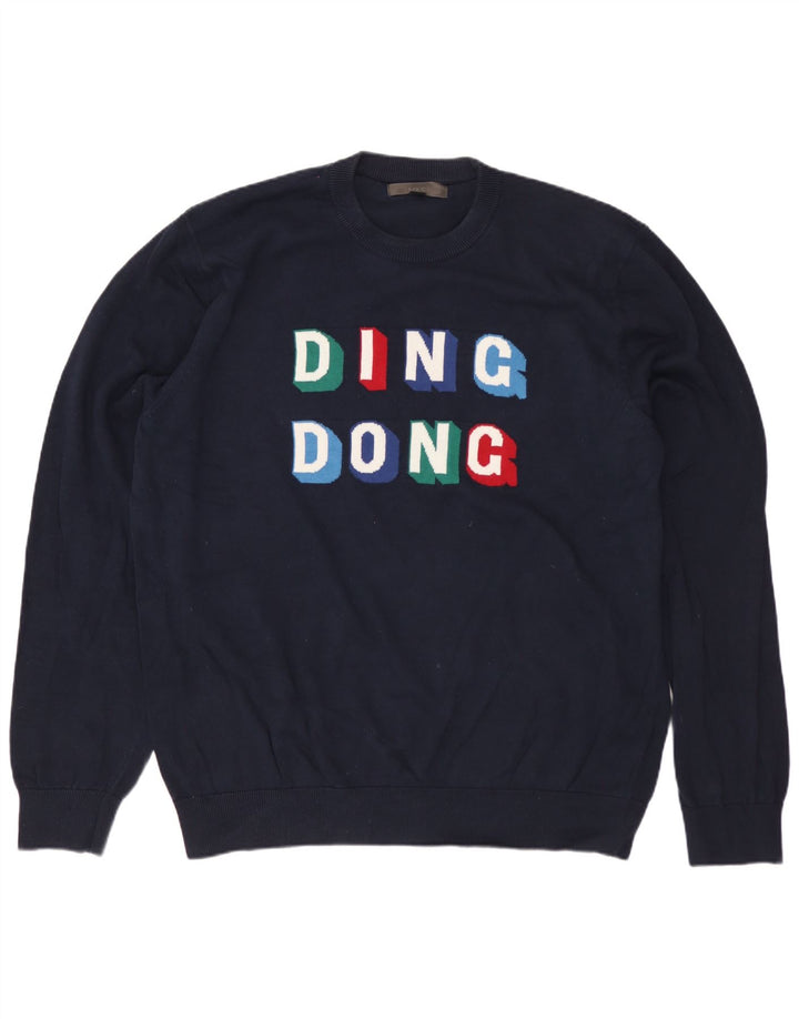 MARKS & SPENCER Mens Graphic Crew Neck Jumper Sweater Large Navy Blue