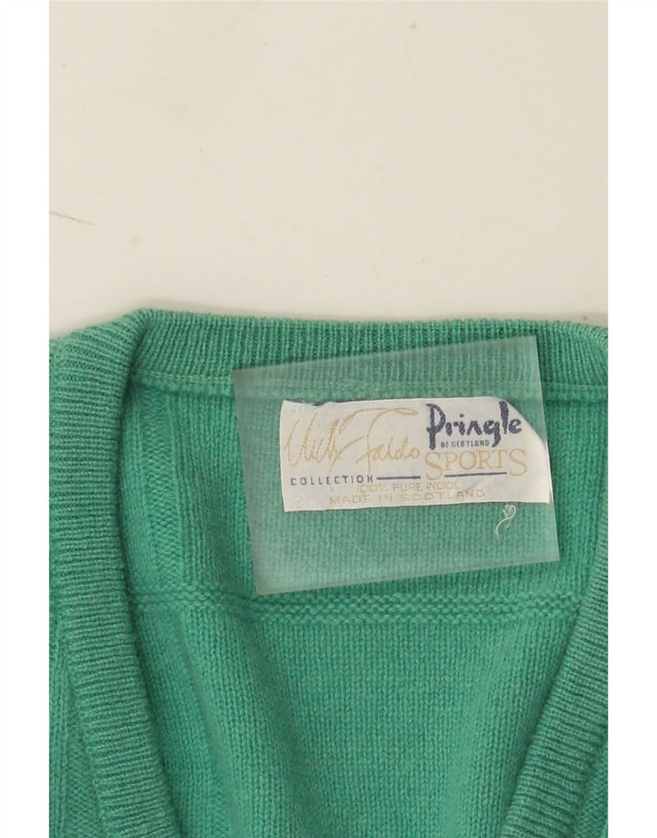 Pringle Mens V-Neck Jumper Sweater Large Turquoise Striped Wool