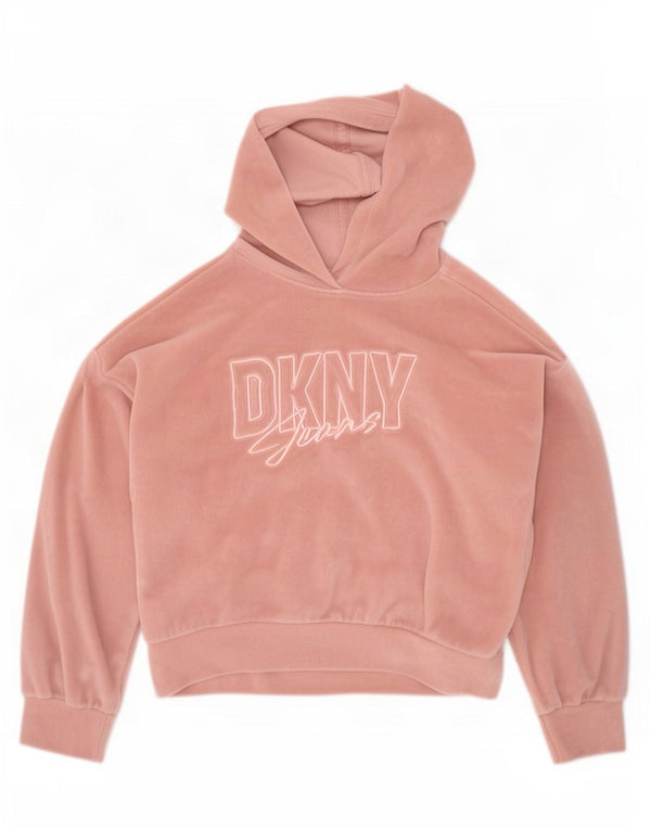 Dkny Girls Graphic Velour Hoodie Jumper 5-6 Years Pink Polyester