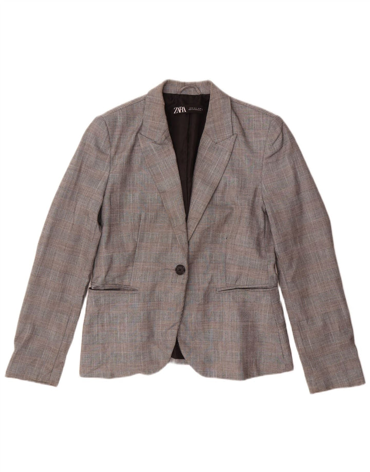 Zara Womens 1 Button Blazer Jacket EU 40 Medium Grey Check Polyester