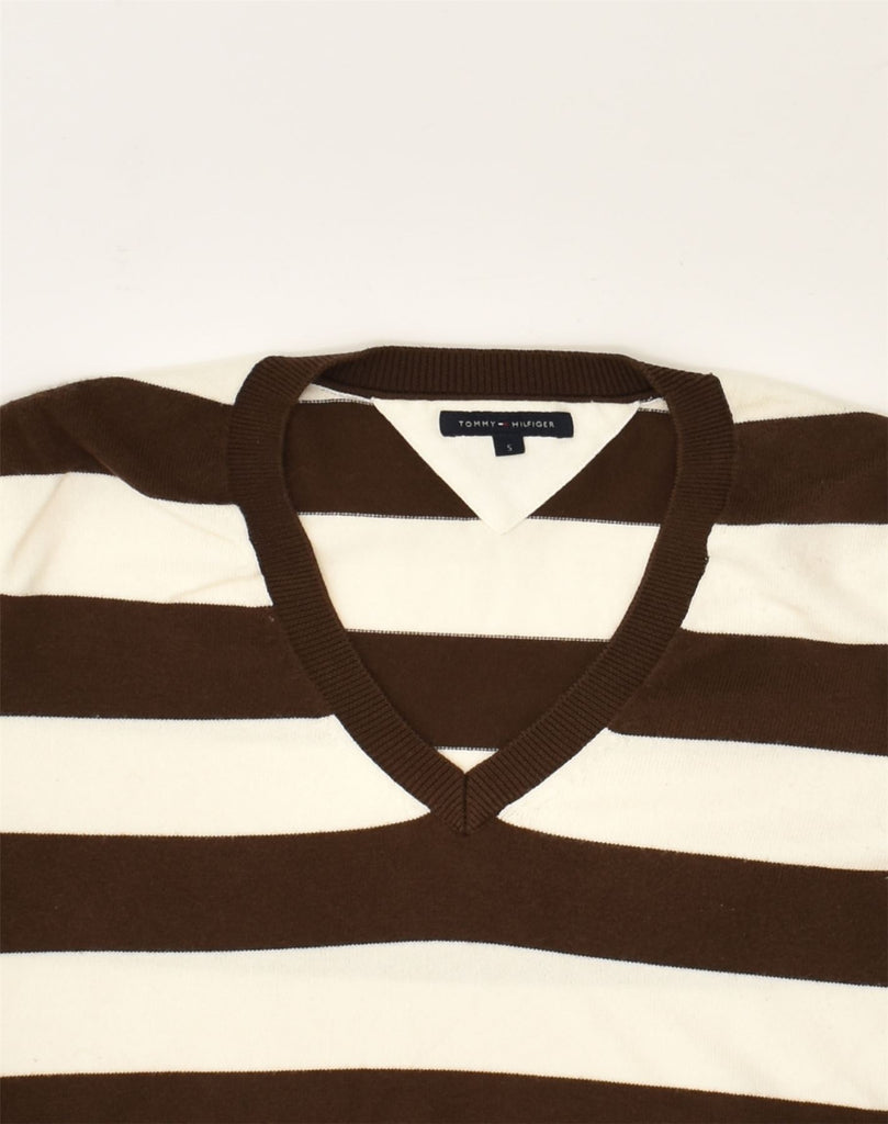 TOMMY HILFIGER Womens V-Neck Jumper Sweater UK 10 Small Brown Striped | Vintage Tommy Hilfiger | Thrift | Second-Hand Tommy Hilfiger | Used Clothing | Messina Hembry 