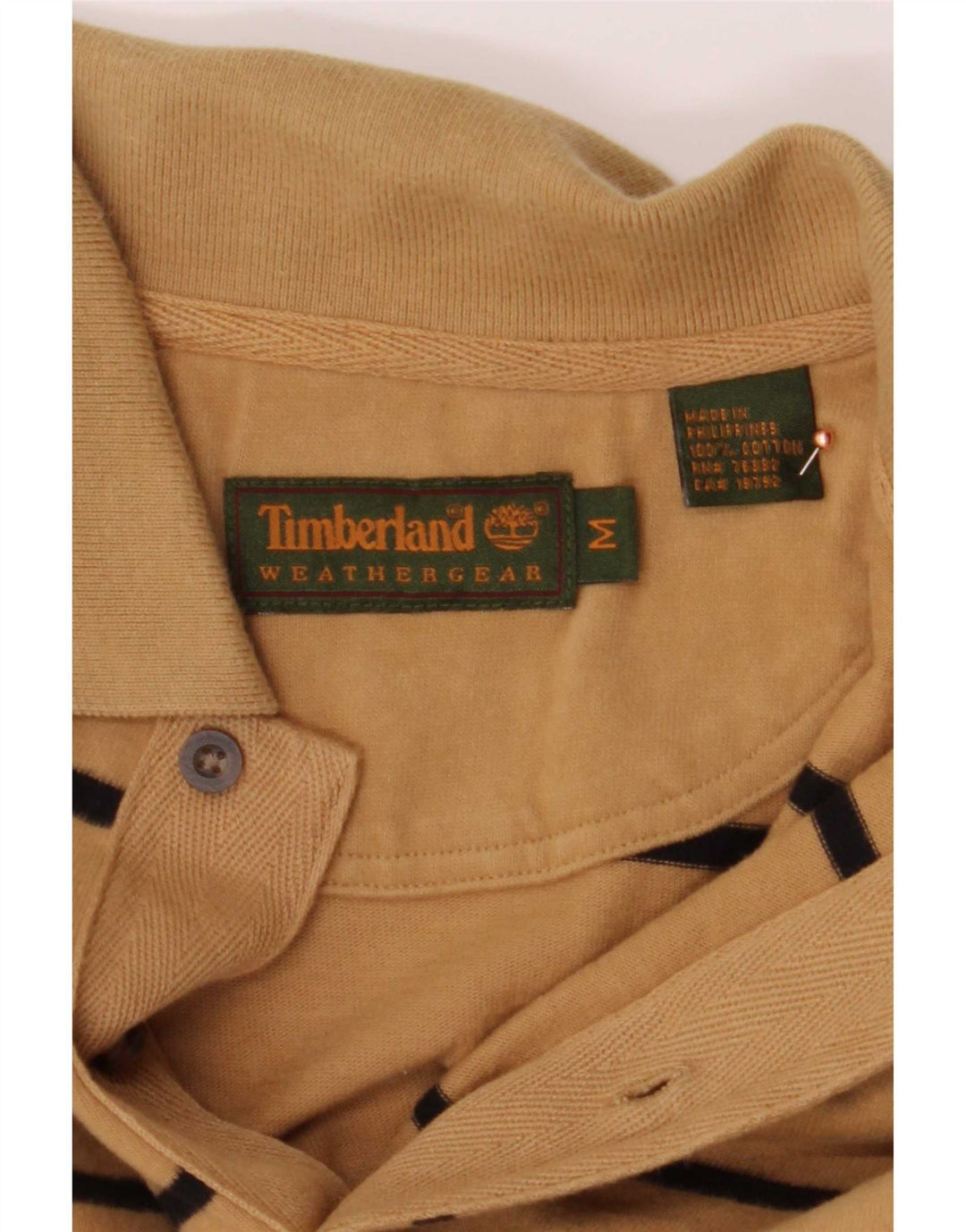 Timberland Mens Long Sleeve Polo Shirt Medium Beige Striped Cotton