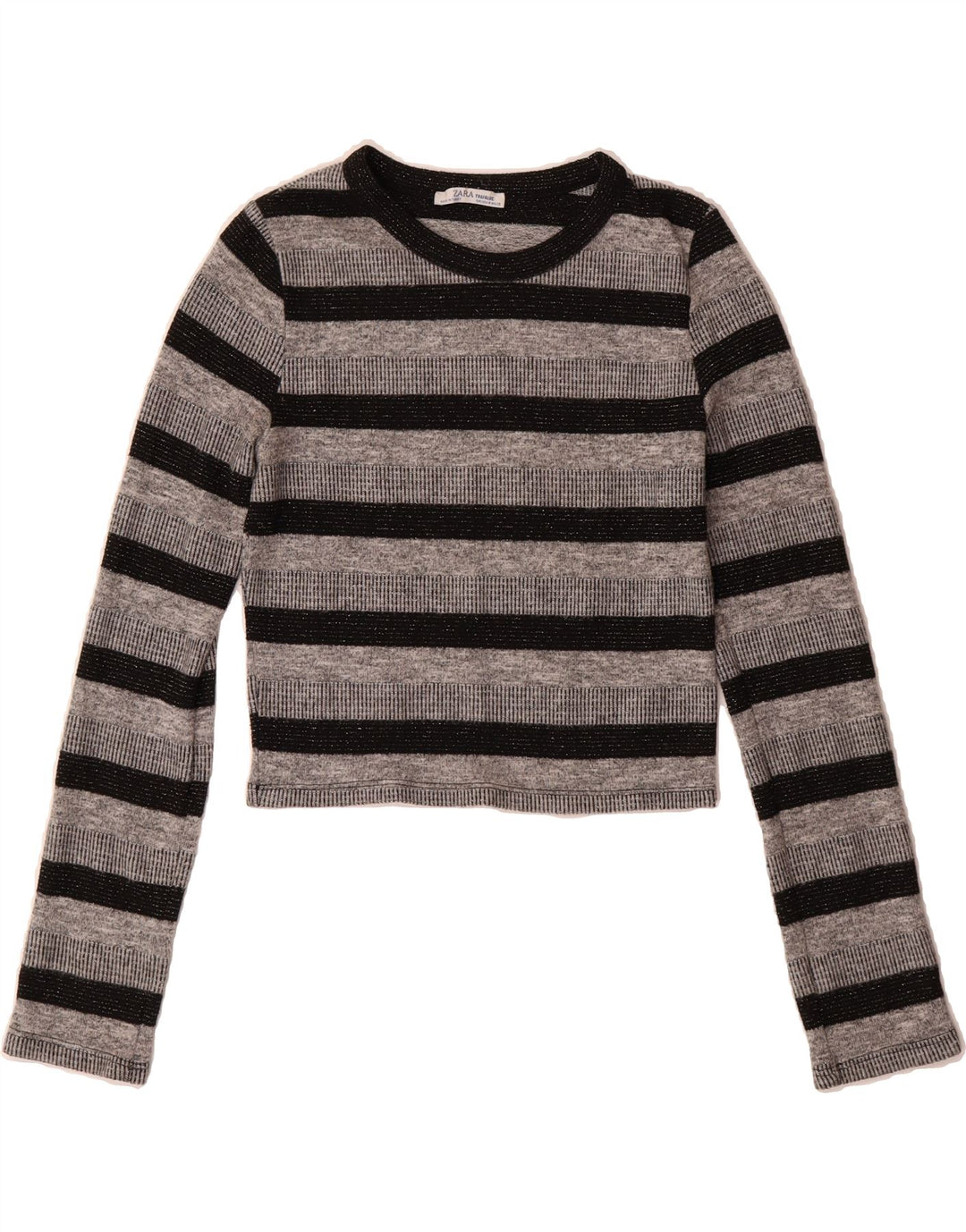 ZARA Womens Crop Boat Neck Jumper Sweater UK 12 Medium Grey Striped Vintage Zara and Second-Hand Zara from Messina Hembry 
