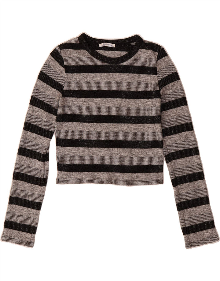 ZARA Womens Crop Boat Neck Jumper Sweater UK 12 Medium Grey Striped Vintage Zara and Second-Hand Zara from Messina Hembry 