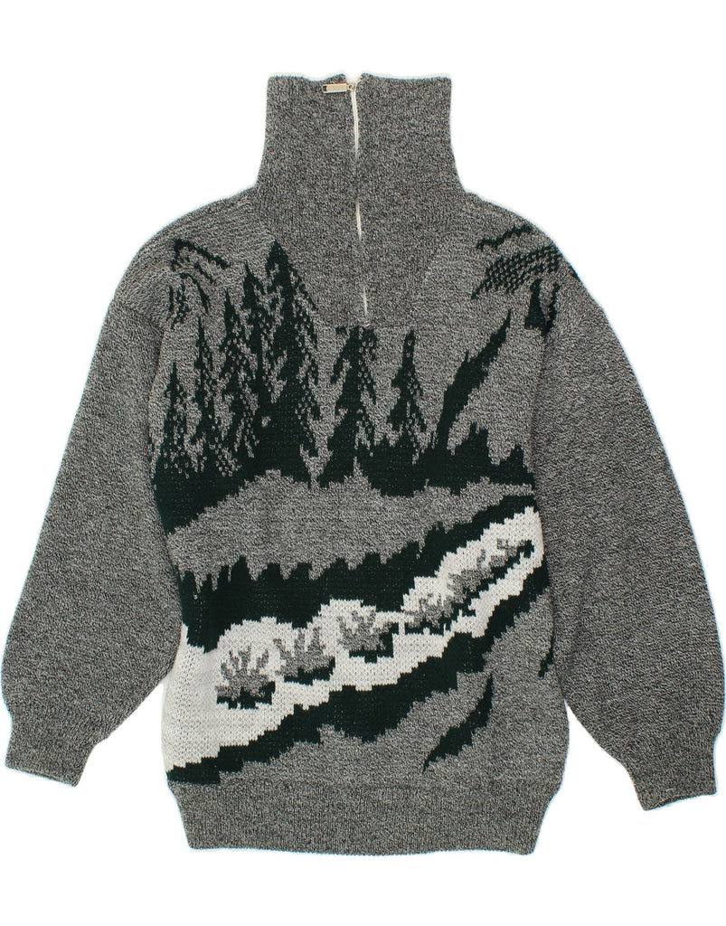 VINTAGE Mens Abstract Pattern Zip Neck Jumper Sweater Medium Grey Vintage Vintage and Second-Hand Vintage from Messina Hembry 
