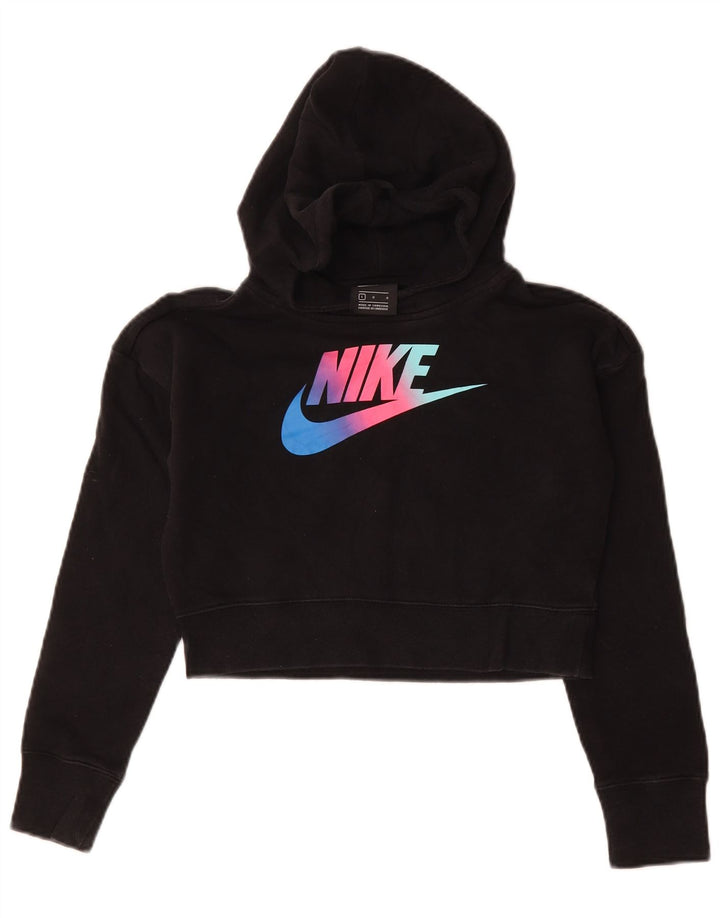 NIKE Girls Crop Graphic Hoodie Jumper 12-13 Years Large Black Cotton