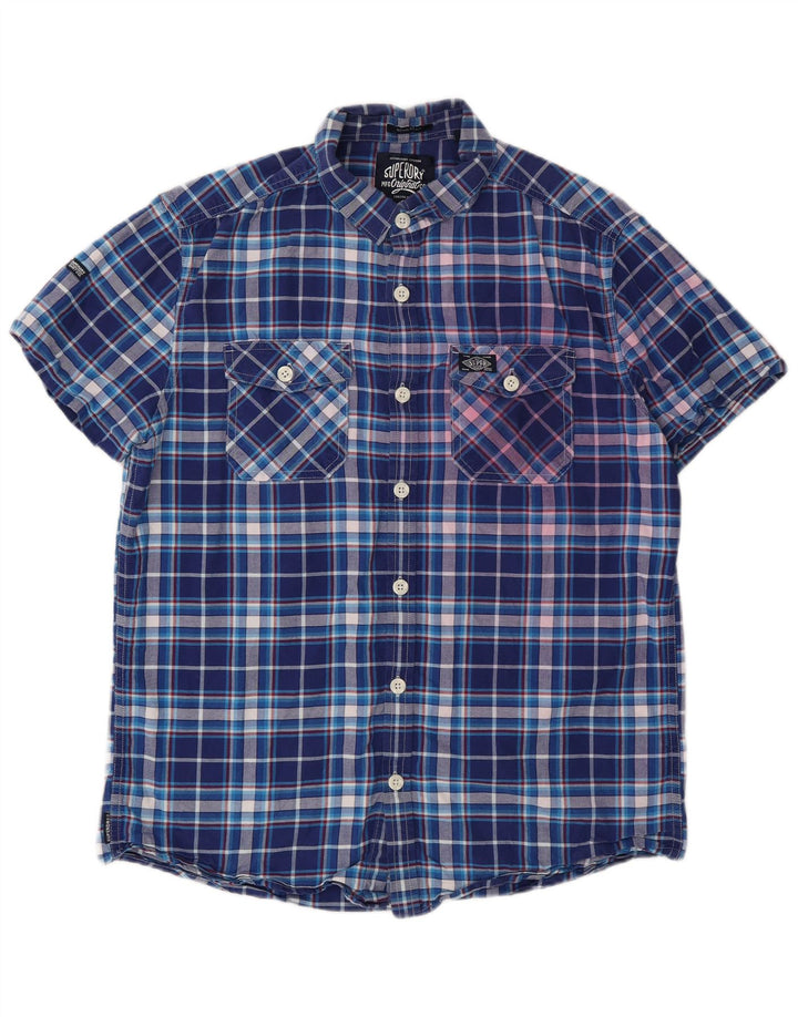 Superdry Mens Short Sleeve Shirt Large Blue Check Cotton