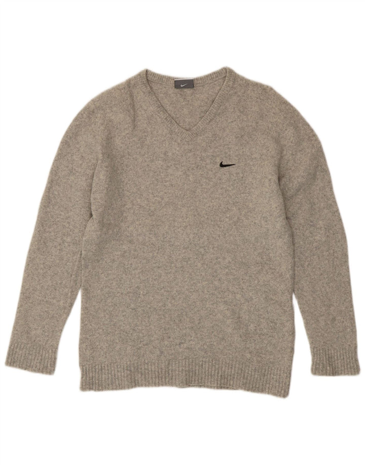 Nike Womens V-Neck Jumper Sweater UK 14 Large Grey Flecked Wool