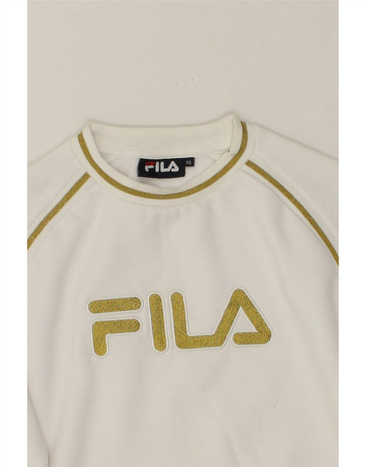 FILA Womens Oversized Graphic Sweatshirt Jumper UK 6 XS White Cotton Vintage Fila and Second-Hand Fila from Messina Hembry 