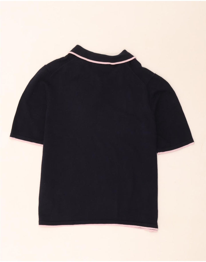 Marks & Spencer Womens Polo Shirt UK 14 Medium Navy Blue Striped Cotton