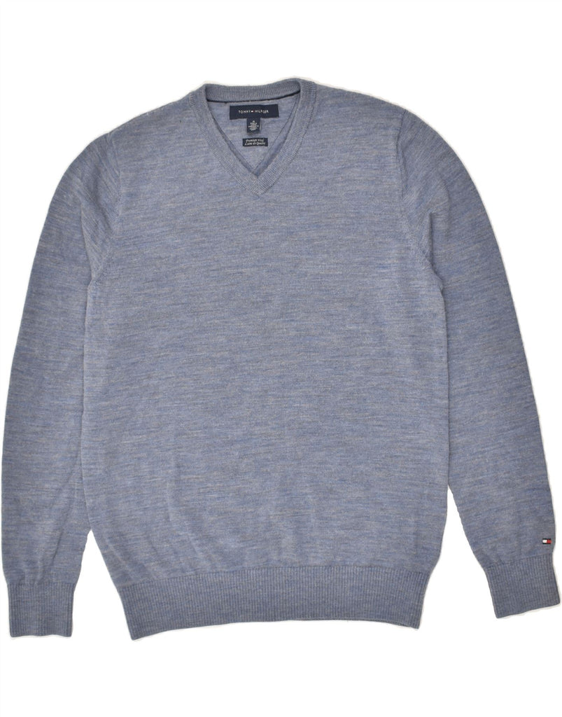 TOMMY HILFIGER Mens V-Neck Jumper Sweater Medium Blue Wool | Vintage Tommy Hilfiger | Thrift | Second-Hand Tommy Hilfiger | Used Clothing | Messina Hembry 