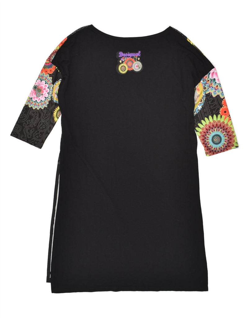 DESIGUAL Womens 3/4 Sleeve Tunic Top UK 14 Medium Black Floral Polyester | Vintage Desigual | Thrift | Second-Hand Desigual | Used Clothing | Messina Hembry 