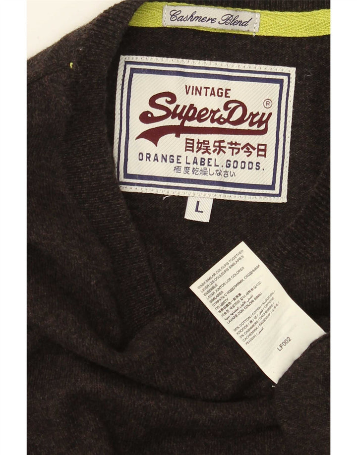 Superdry Mens V-Neck Jumper Sweater Large Brown Cotton