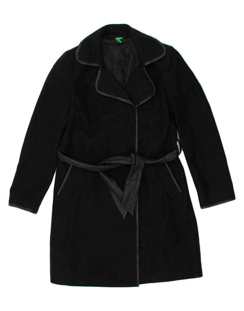 UNITED COLORS OF BENETTON Womens Belted Overcoat IT 44 Medium Black Wool | Vintage United Colors of Benetton | Thrift | Second-Hand United Colors of Benetton | Used Clothing | Messina Hembry 