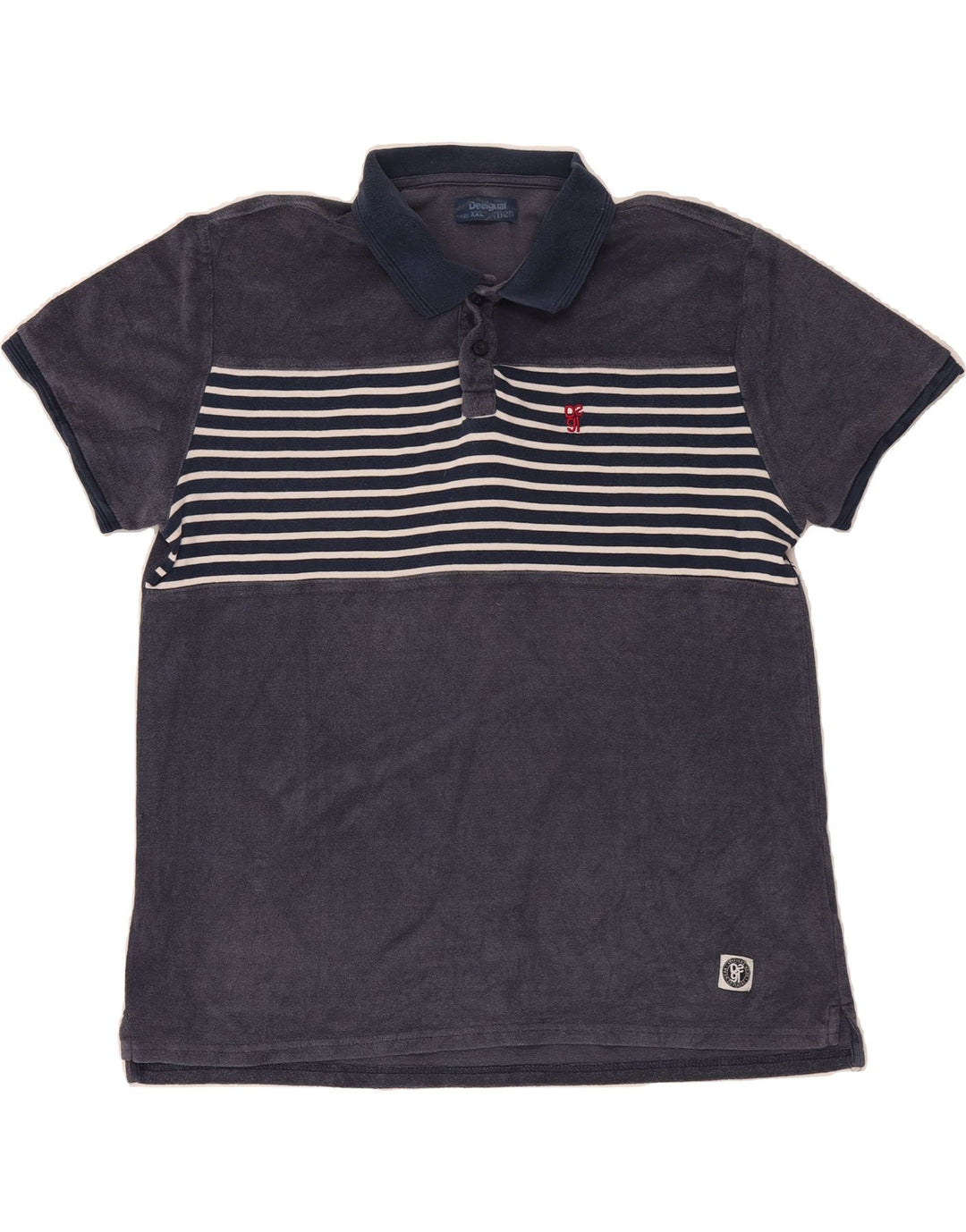DESIGUAL Mens Polo Shirt 2XL Navy Blue Striped Vintage Desigual and Second-Hand Desigual from Messina Hembry 