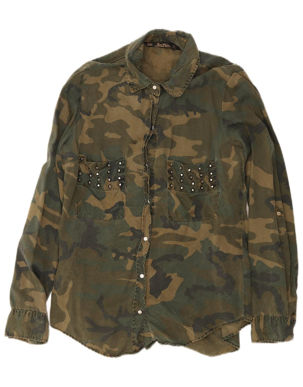 Zara Womens Military Denim Shirt UK 14 Large Green Camouflage