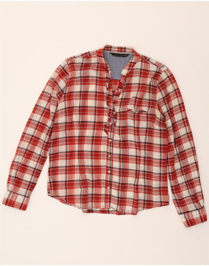 Zara Womens Ruffle Front Shirt UK 18 XL Red Check Cotton