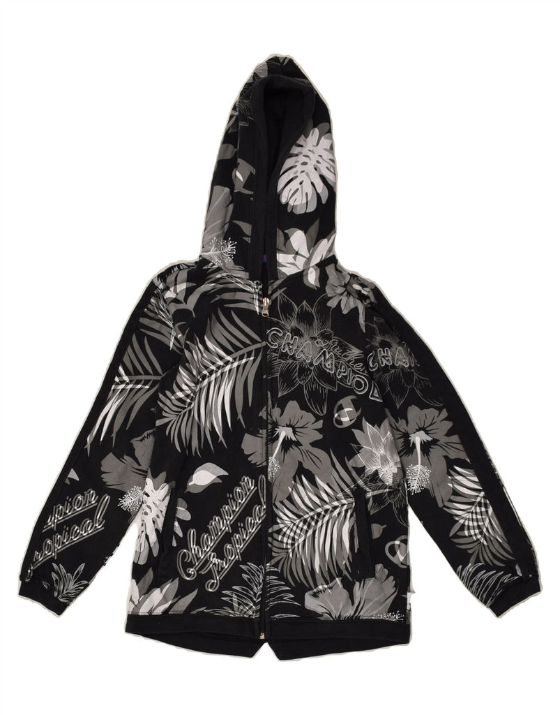 CHAMPION Girls Zip Hoodie Sweater 9-10 Years Medium Black Floral Cotton | Vintage Champion | Thrift | Second-Hand Champion | Used Clothing | Messina Hembry 