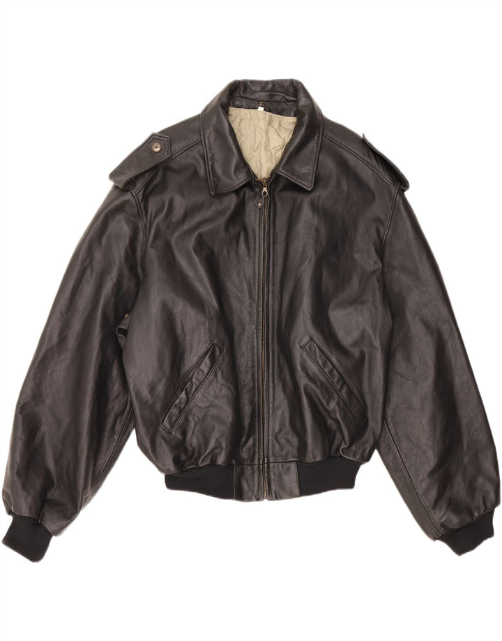VINTAGE Mens Military Leather Jacket IT 52 XL Black