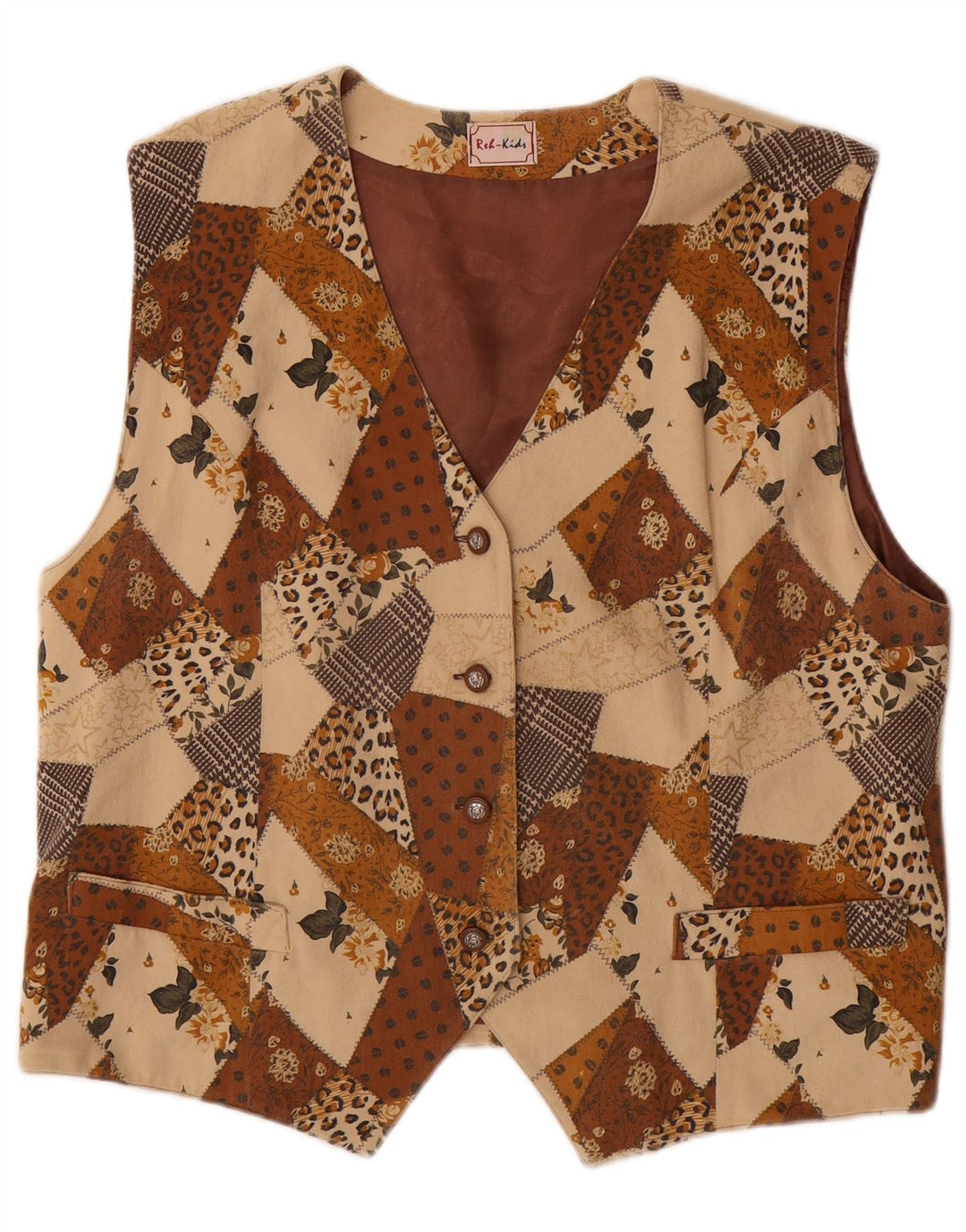 Vintage Girls Waistcoat 15-16 Years Brown Patchwork Triacetate
