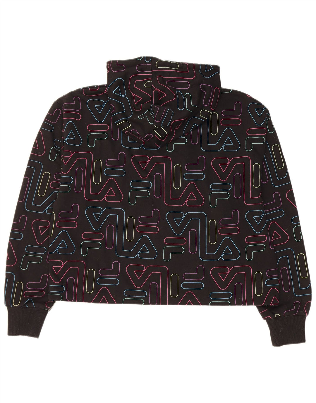 FILA Womens Crop Graphic Hoodie Jumper UK 14 Medium Black Cotton