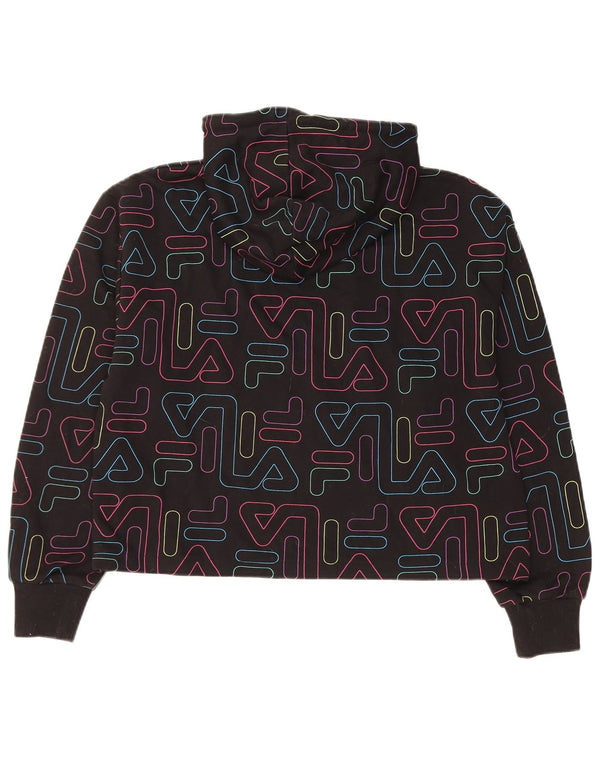 FILA Womens Crop Graphic Hoodie Jumper UK 14 Medium Black Cotton