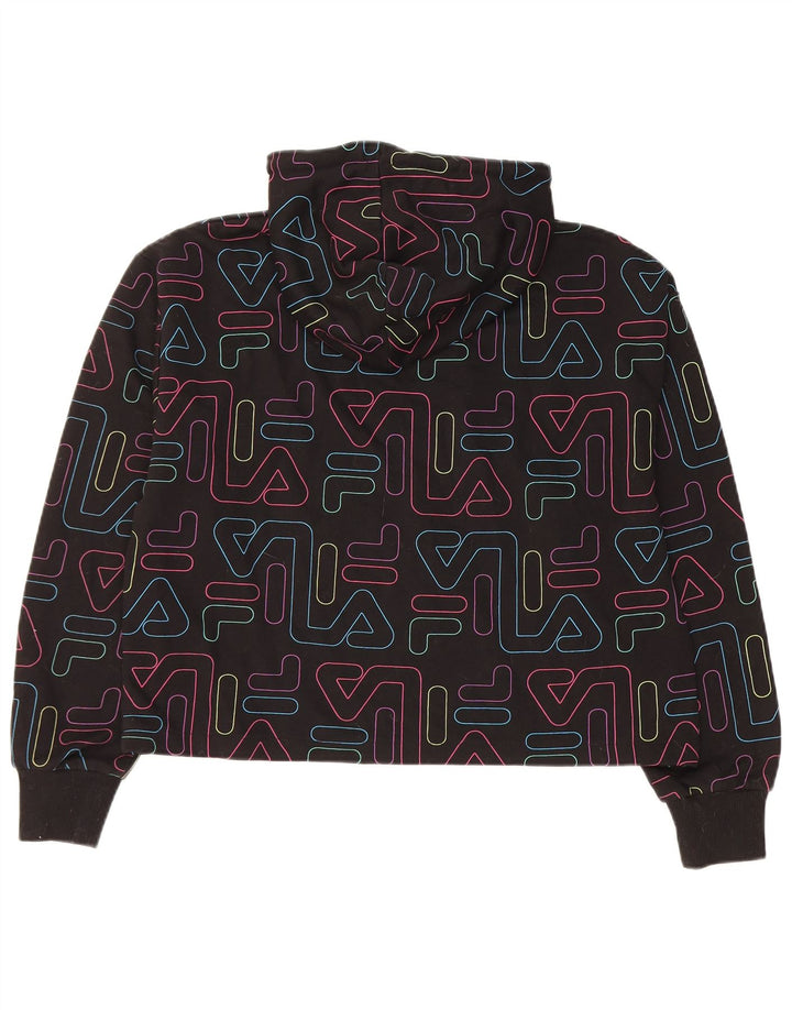 FILA Womens Crop Graphic Hoodie Jumper UK 14 Medium Black Cotton