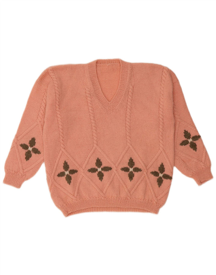 Vintage Womens V-Neck Jumper Sweater UK 16 Large Pink Geometric