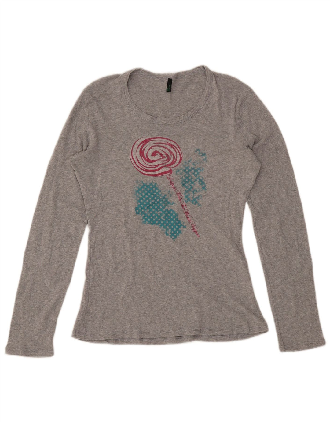 BENETTON Womens Graphic Top Long Sleeve UK 16 Large Grey Flecked Cotton