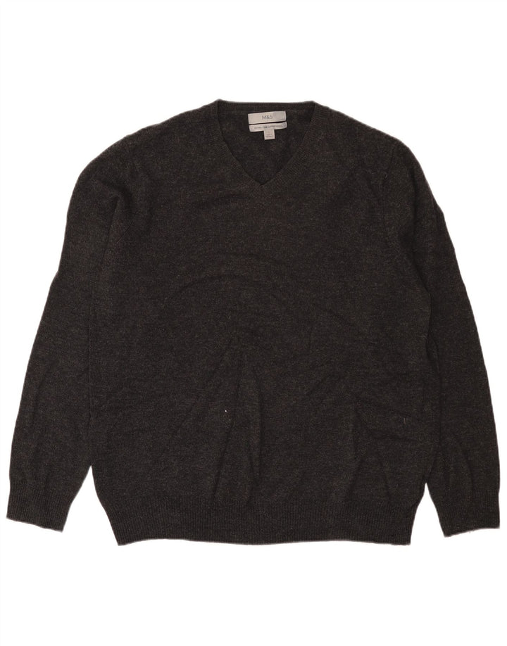 Zara Mens V-Neck Jumper Sweater Large Grey Lambswool