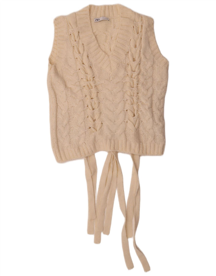 ZARA Womens Crop Vest Tank Top UK 14 Medium Off White Acrylic