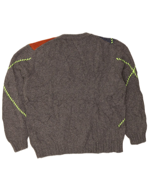 Benetton Mens Crew Neck Jumper Sweater Large Grey Colourblock Wool