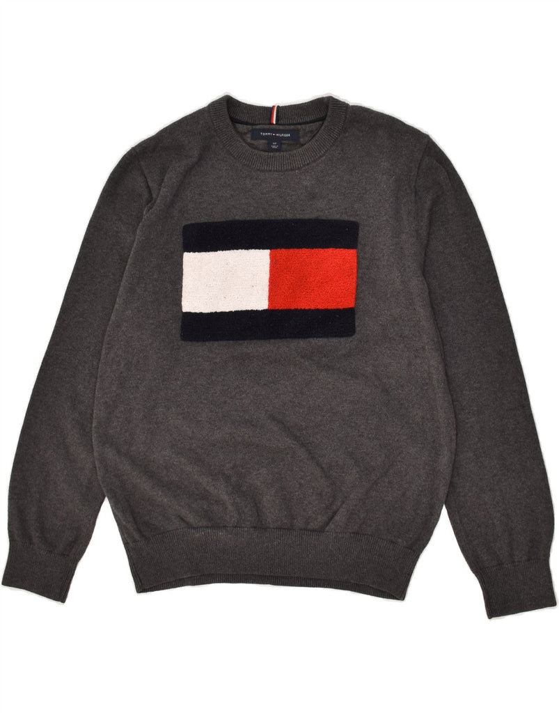 TOMMY HILFIGER Mens Graphic Crew Neck Jumper Sweater Small Grey | Vintage Tommy Hilfiger | Thrift | Second-Hand Tommy Hilfiger | Used Clothing | Messina Hembry 