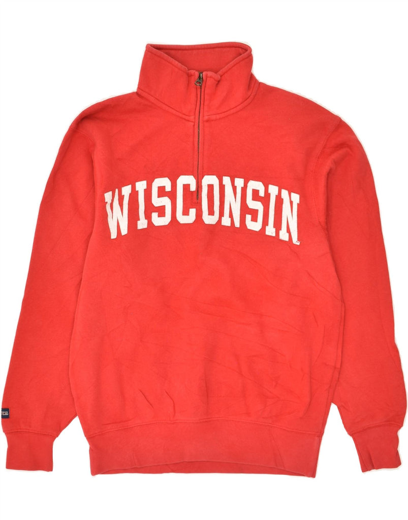 VINTAGE Mens Wisconsin Graphic Zip Neck Sweatshirt Jumper Medium Red | Vintage Vintage | Thrift | Second-Hand Vintage | Used Clothing | Messina Hembry 