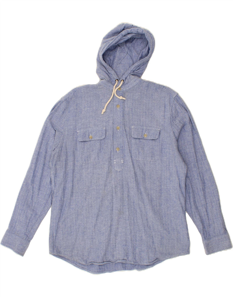 CHAPS Mens Hooded Pullover Shirt Large Blue Herringbone Cotton | Vintage Chaps | Thrift | Second-Hand Chaps | Used Clothing | Messina Hembry 