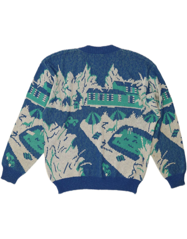 VINTAGE Womens Abstract Pattern V-Neck Jumper Sweater IT 52 2XL Blue