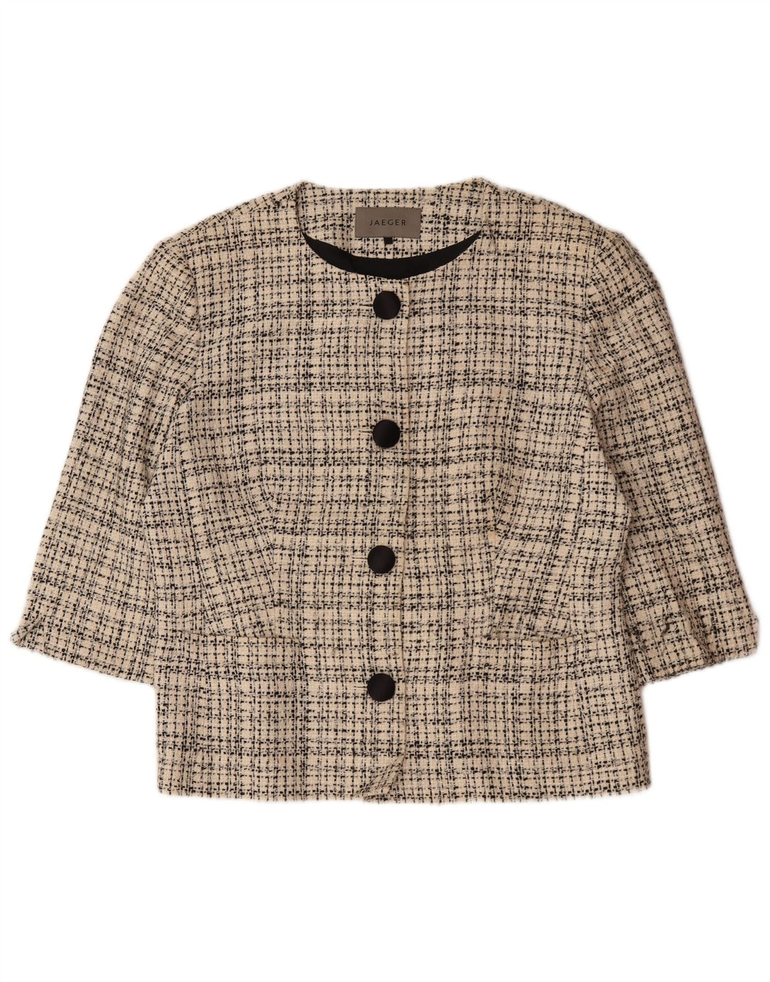 Jaeger Womens 4 Button 3/4 Sleeve Blazer Jacket UK 16 Large Beige Check