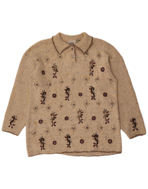 Vintage Womens Polo Neck Jumper Sweater UK 16 Large Beige Argyle/Diamond