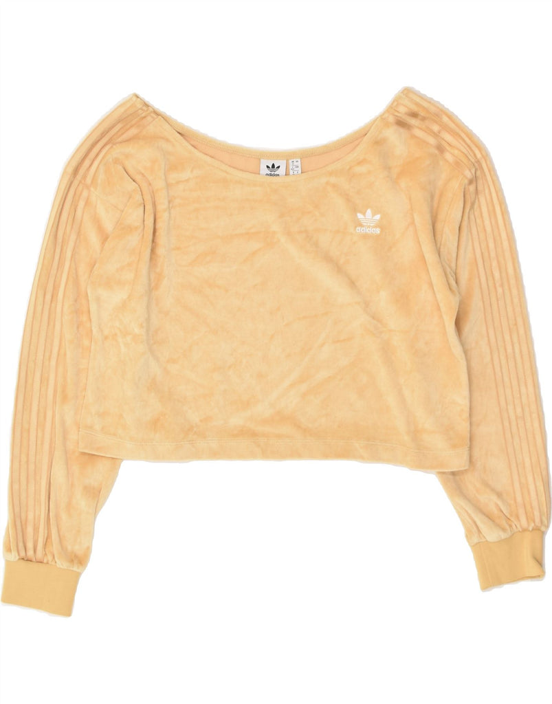 ADIDAS Womens Velour Crop Sweatshirt Jumper UK 12 Medium  Beige Polyester | Vintage Adidas | Thrift | Second-Hand Adidas | Used Clothing | Messina Hembry 