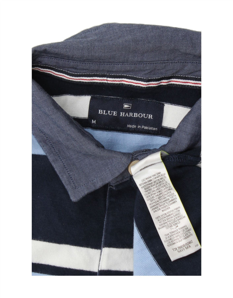 BLUE HARBOUR Mens Long Sleeve Rugby Polo Shirt Medium Blue Striped Cotton Vintage Blue Harbour and Second-Hand Blue Harbour from Messina Hembry 