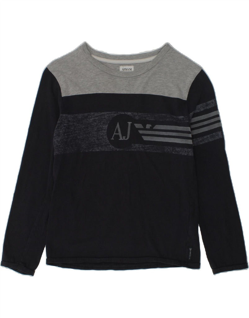 ARMANI JUNIOR Boys Graphic Top Long Sleeve 7-8 Years Navy Blue Colourblock | Vintage Armani Junior | Thrift | Second-Hand Armani Junior | Used Clothing | Messina Hembry 