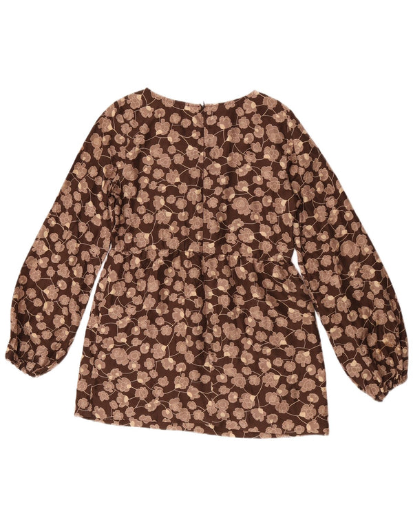Benetton Womens Long Sleeve Blouse Top UK 10 Small Brown Floral Silk