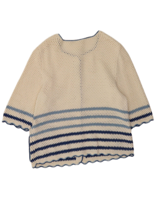 Vintage Womens Short Sleeve Cardigan Sweater UK 16 Large White Striped